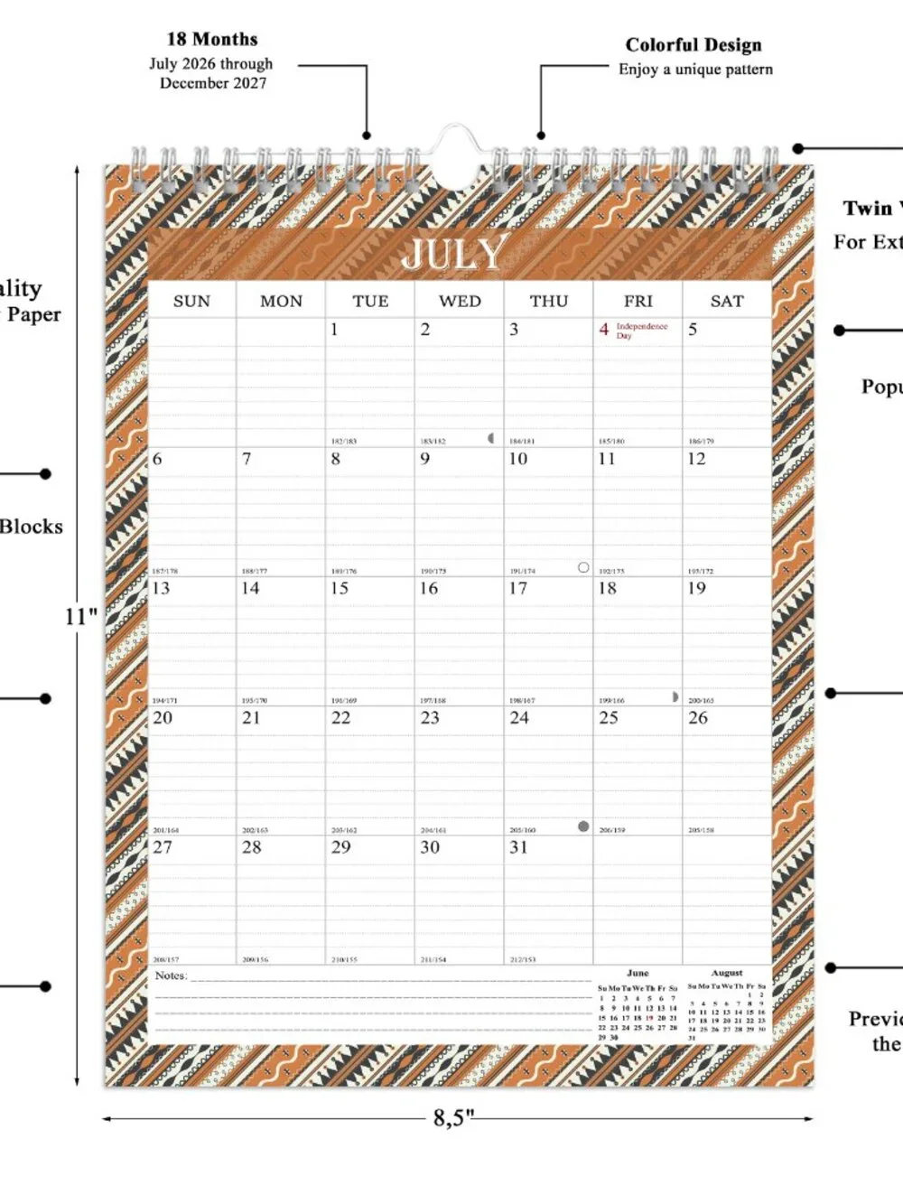 2026-2027 Wall Calendar Spiral-bound Twin-Wire Binding - 18 Months 8.5